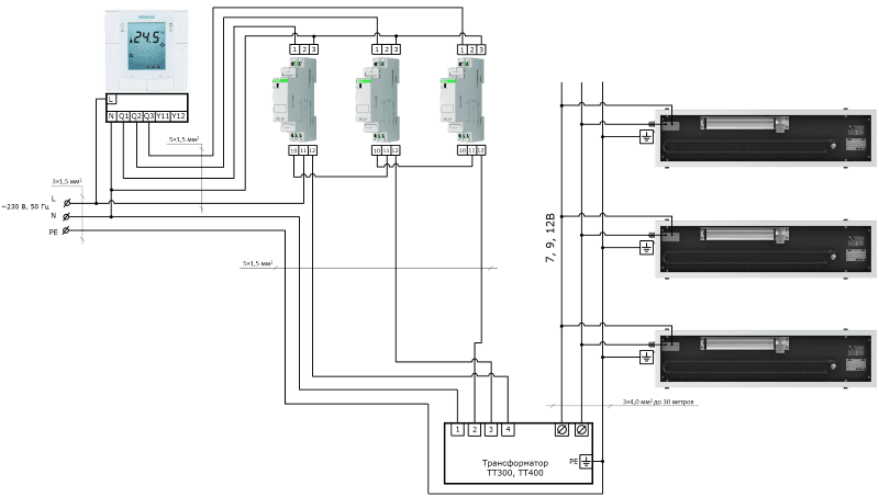 Подключение конвекторов к трансформаторам TT300 TT400 трехскоростное регулирование