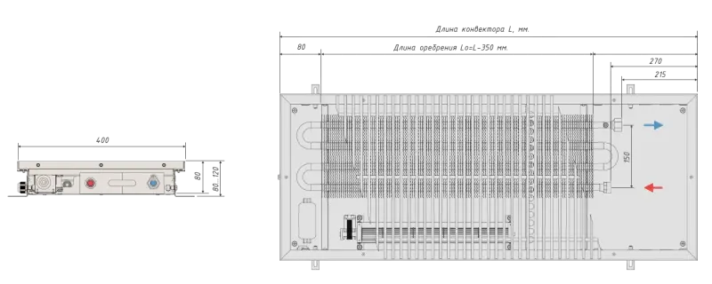 Внутрипольный конвектор водяного отопления 80 400