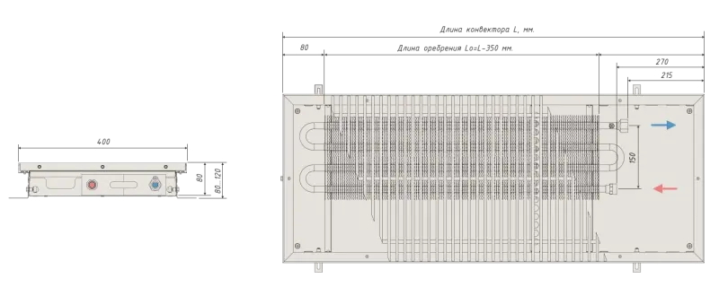 Внутрипольный конвектор водяного отопления 80 400